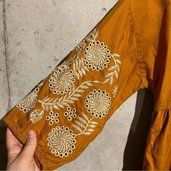 Madewell Linen Blend Embroidered Sleeve Dress Oversized Golden Sun Orange Fall M - Picture 2 of 11